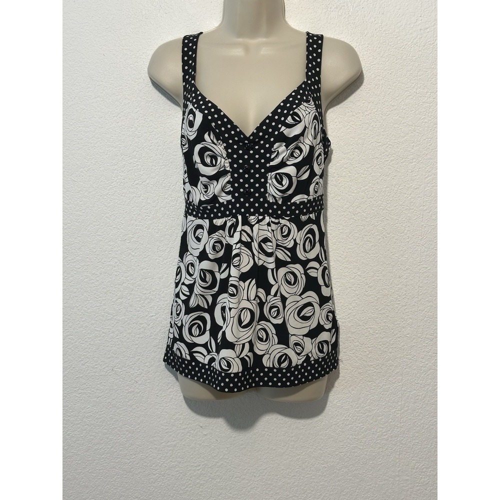 Vintage Y2K Babydoll‎ Tank Top Sz L Black White Floral Boho Made in USA